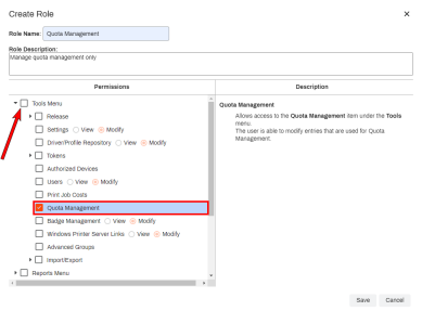Create Role pop-up with an arrow pointing to the expanded Tools Menu option, and the Quota Management tab option selected and highlighted.