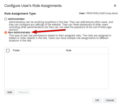 Configure User's Role Assignments pop-up with an arrow pointing to Non-administrator option. 