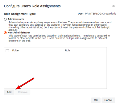 Configure User's Role Assignments pop-up with an arrow pointing to the Add button in the bottom left. 
