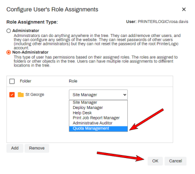 Configure User's Role Assignments pop-up with an arrow pointing to the Role drop-down on the selected folder to show the expanded Role options, and an arrow pointing to the OK button. 