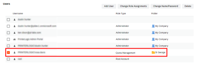 Users tab showing the new user added to the folder, and the Quota Management role showing under the Role Type column.