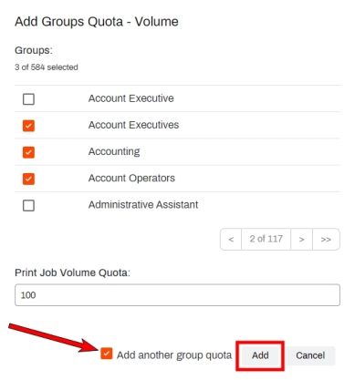 Add Groups Quota pop-up with an arrow pointing to the Add Another Group Quota checkbox, and the Add button is highlighted.