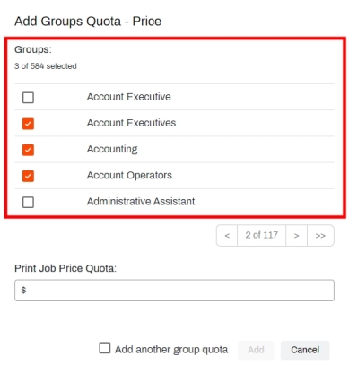 Add Groups Quota Price pop-up showing a list of groups highlighted with multiple groups selected.