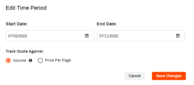 Edit Time Period pop-up showing the Start and End dates fields, and the Track Quota Against options.