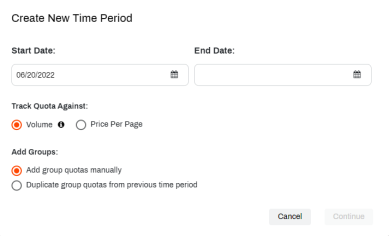 Create New Time Period pop-up showing the Start and End date fields, track quota against fields, and add groups option. 