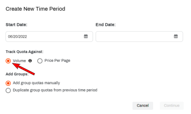 Create New Time Period pop-up with an arrow pointing to the Volume option under the Track Quota Against section. 