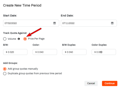 Create New Time Period pop-up with the Price Per Page option enabled, under the Track Quota Against section, and showing the B&W, Color, Simplex, and Duplex options. 