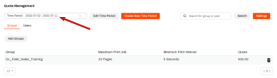 Quota Management tab with an arrow pointing to the Time Period drop-down.