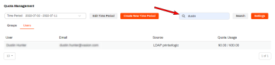 Quota Management tab with an arrow pointing to the Search field to find users. 