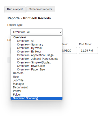 Print Job Records report showing the Report Type drop-down expanded to show the Simplified Scanning option.