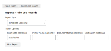 SimplifiedScanning report screen showing the Report Option fields. 