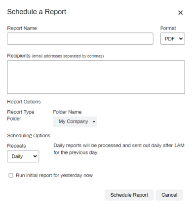 Schedule a Report pop-up shwoing the Folder report options, and the Schedule Report and Cancel buttons.