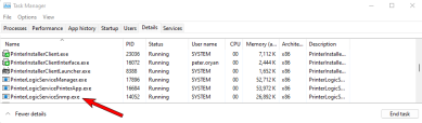 Task Manager's Details tab showing running PrinterLogic services, and an arrow pointing to the PrinterLogicServiceSNMP.exe process. 