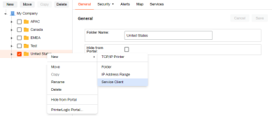 Admin Console tree view showing the New then Service Client options as seen after right-clicking on a folder.