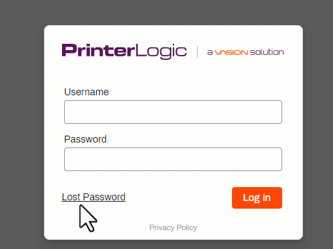 Admin Console credential login box. The arrow clicks the Lost Password link, and displays a pop-up to enter your email to start the password reset. 
