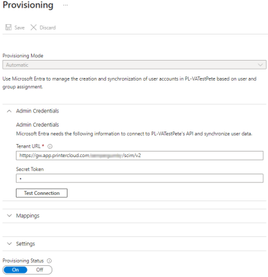 Entra ID's Provisioning modal showing the fields for the Mode, Admin Credentials, and the Status button at the bottom. 