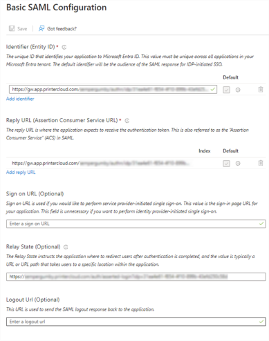 Entra ID's Basic SAML Configuration modal with the Service Provider Information values pasted into the related fields. 