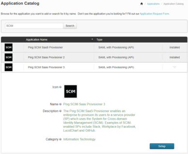 Application catalog window showing the SCIM SaaS Provisioner option and the setup button. 