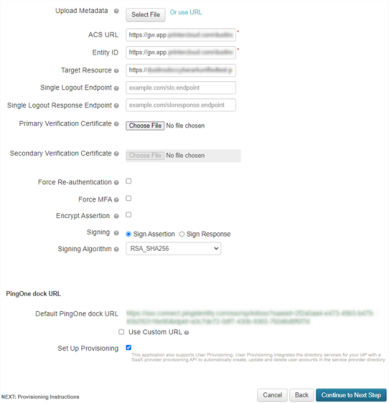 PingOne configuration window showing the different URLs and fields, and the Set Up Provisioning option at the bottom. 