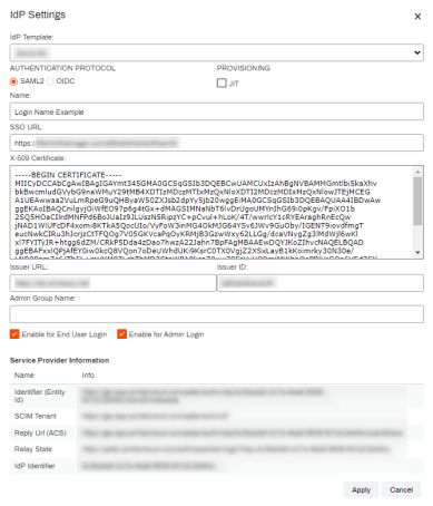 IdP Settings template showing the X509 cert and other fields configured. 