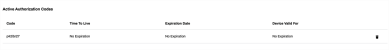 Active Authorization Codes section showing a code, Time to Live, Expiration date, and Device Valid for columns.