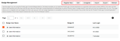 Badge Management tab with the buttons for Register New, Edit, Unregister, Import, Export, and Refresh highlighted in the upper right. 