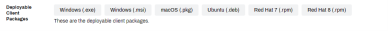Client Settings tab's Deployable Client Packages section showing the download buttons for Windows .exe and .msi, MacOS, Ubuntu, RedHat 7, and RedHat 8 downloads. 