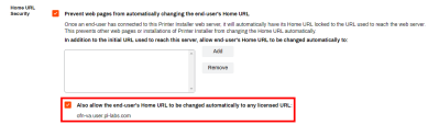 VA Home URL section with the Also allow end-user's Home URL to be changed automatically to any licensed URL setting enabled and highlighted.