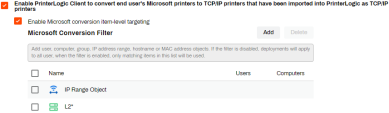 Microsoft Conversion filter showing the setting enabled to show the filter, and the buttons to Add or Delete users, groups, IP Address Ranges, etc. 