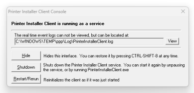 Client Console shortcut window showing the path to the log file, and buttons to View, Hide, Shutdown, and Restart/Rerun.