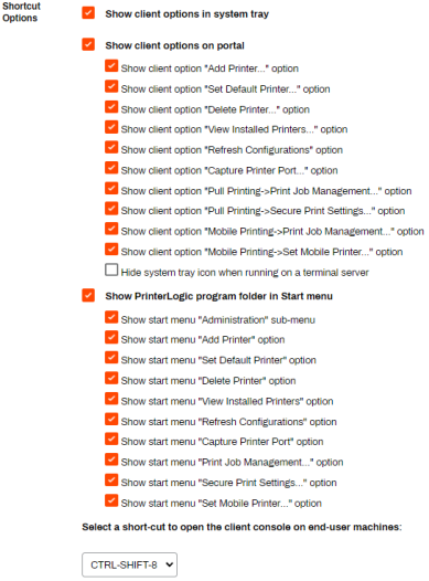 Shortcut Options section showing the client options for the system tray, portal, and program folders. 