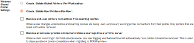 Windows Shared Printer Settings showing the Create / Delete User Printers (Per User)  setting enabled, and showing the other options for per workstation, roaming profiles, and terminal server sync settings. 