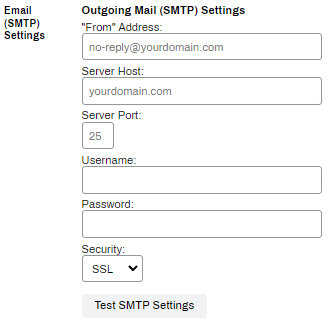 Email SMTP section for Virtual Appliance customers, showing fields for From Address, Server Host, Server Port, Username, Password, a drop-down to select the security type, and the Test SMTP Settings button. 