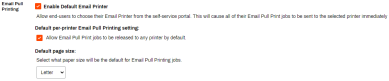 Printing tab's email pull printing section showing the enable options for the default email printer and global enable release for all printers as well as the Default page size drop-down displaying the letter page size. 