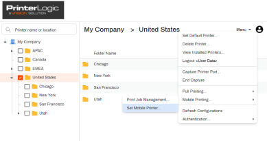 Self-service Portal showing the menu expanded on the right with the Mobile printing sub-option for Set Mobile Printer highlighted. 