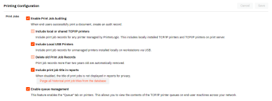 Printing tab's Print Jobs section showing the different reporting, purging, and queue management options available to configure. 