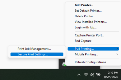 PrinterLogic system tray icon after being right-clicked, and showing the menu options with Pull Printing and Secure Print settings highlighted.