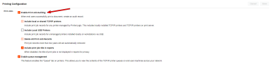 Printing configuration tab with an arrow pointing to the Enable Print Job Auditing setting. 