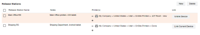 Release Stations tab showing two configured release stations along with the notes about the stations, printer paths, and the buttons to Link or Unlink the devices.