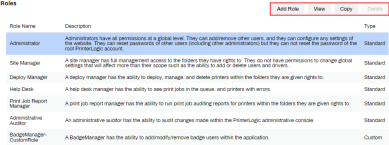 User tab Roles section showing the different predefined roles in a list, as well as any created roles, and the buttons for Add Role, View, Copy, and Delete highlighted in the upper right. 