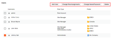 Users tab showing a list of users, and the manage buttons for Add User, Change Role Assignment, Change username / password, and Delete are highlighted in the upper right. 