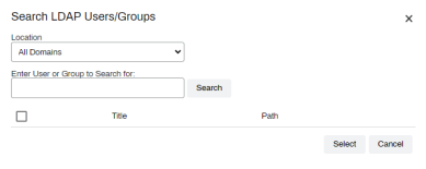 Search LDAP Users and Groups pop-up with the location/domain field, and user or group name field next to the Search button. 