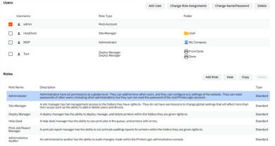 Users tab showing users added at the top, their roles, and the folders they have access to. Below is the Roles section with descriptions of the roles, and the Add Role, View, and Copy buttons. 