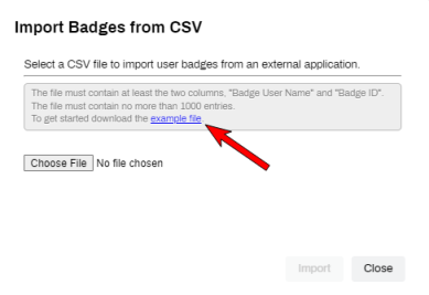 Import Badges from CSV pop-up with an arrow pointing to the link to download the example file template.