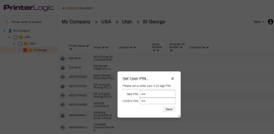 Self-service portal with the Set User Pin pop-up showing with fields to enter and confirm the new pin. 