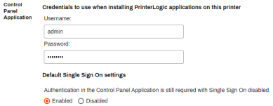 General tab's Control Panel Application section with the username and password fields for default authentication to the printer highlighted.