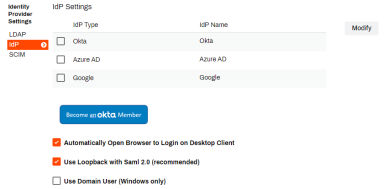 General tab's Identity Provider Settings section with the IdP option on the left enabled. 