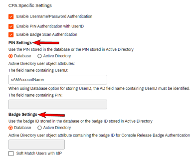 General tab's CPA Specific Settings section with arrows pointing to the Pin Settings and the Badge Settings sections. 