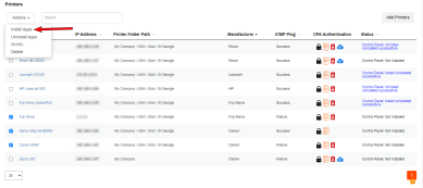 Printer Apps tab with three printers selected, and the Actions drop-down expanded with an arrow pointing to the Install Apps sub-option.