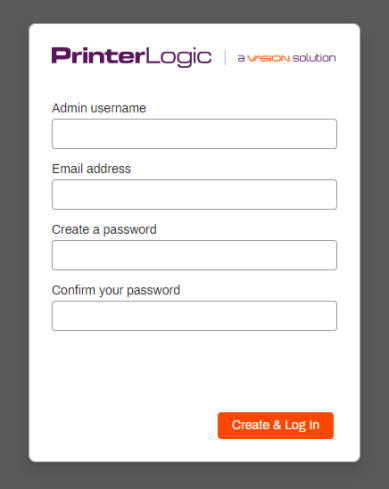 Admin Console login screen with additional fields showing to create the root user account and assign and email and password.